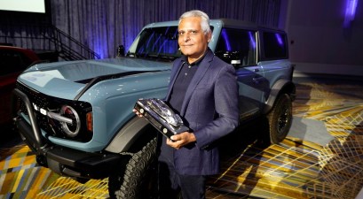 Kumar Galhotra, Ford President of the Americas and International markets group poses next to the Bronco off-road SUV, Tuesday, Jan. 11 2022 in Detroit