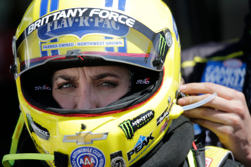Brittany Force prepares for her qualifying run during the DENSO Spark Plugs NHRA Four-Wide Nationals Saturday, April 17, 2021, in Las Vegas