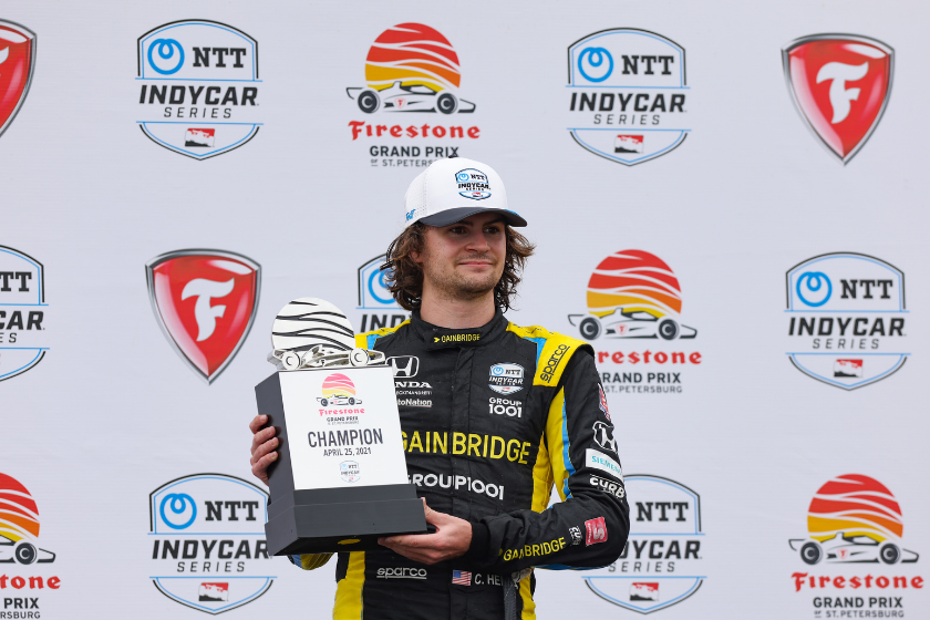 Colton Herta poses with the trophy after winning the Firestone Grand Prix of St.Petersburg on April 25, 2021 on the Streets of St. Petersburg in St. Petersburg, Fl