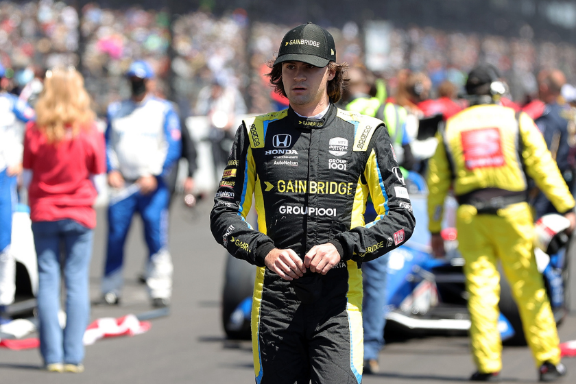 Colton Herta of the United States stands on the grid prior to the 105th running of the Indianapolis 500 at Indianapolis Motor Speedway on May 30, 2021 in Indianapolis, Indiana 