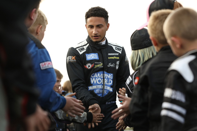 Ernie Francis Jr. introduced prior to the heat races during the Camping World Superstar Racing Experience event at Lucas Oil Raceway on July 03, 2021 in Indianapolis, Indiana