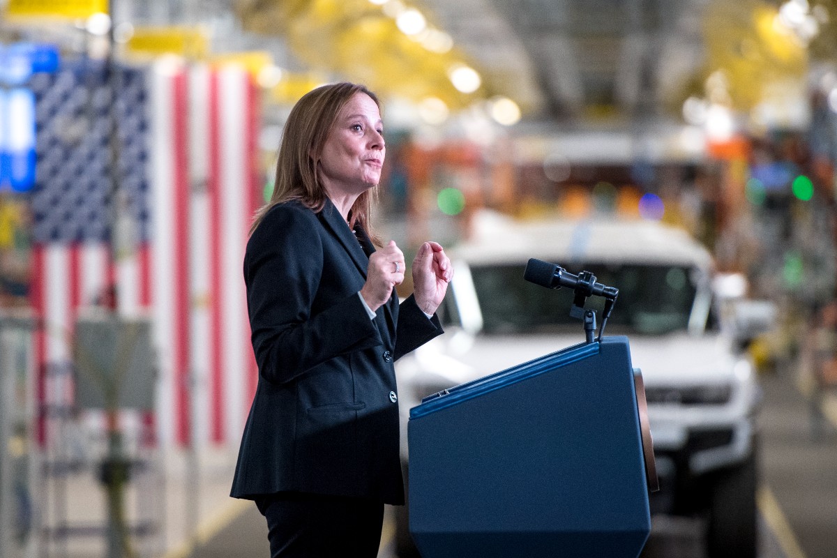General Motors CEO Mary Barra speaks at the company's Factory ZERO electric vehicle assembly plant on November 17, 2021 in Detroit, Michigan