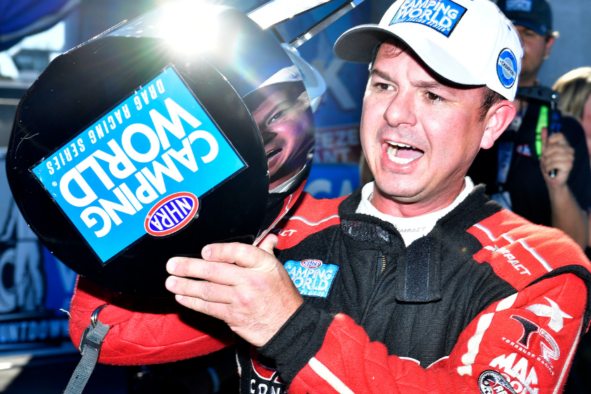 Top Fuel driver Steve Torrence celebrates after winning his fourth consecutive Top Fuel season championship following the first round of eliminations at the season ending 56th annual NHRA Finals at Pomona Raceway Sunday, Nov. 14, 2021