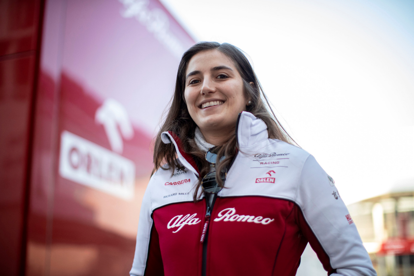 tatiana calderon poses in alfa romeo racing jacket on day two of f1 winter testing