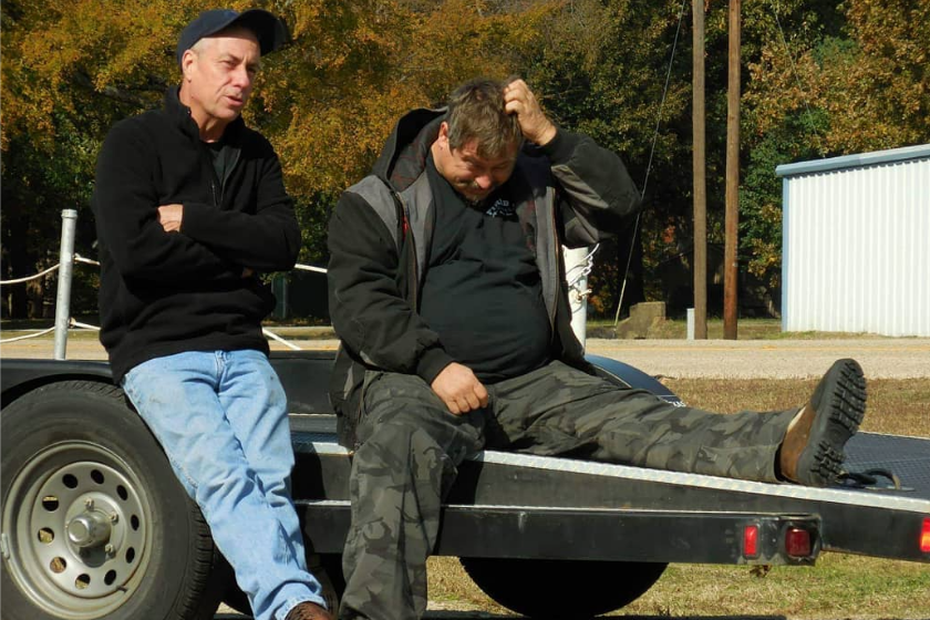 tom smith and tom weeks from misfit garage sitting on trailer