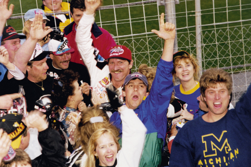 dale earnhardt celebrates with fans after winning 1998 daytona 500