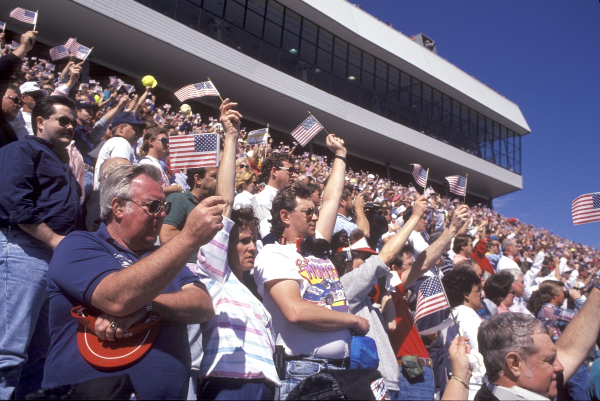 nascar fans waving american flags in 1991
